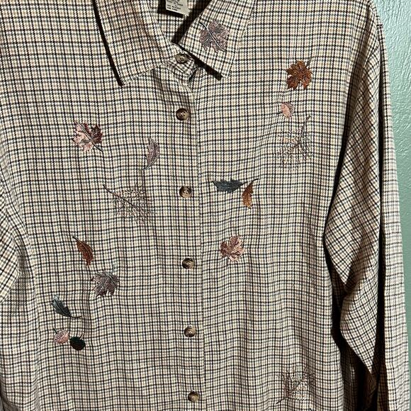 Teddi Embroidered Leaf Button Down Shirt Size L Fall Autumn - Picture 4 of 6